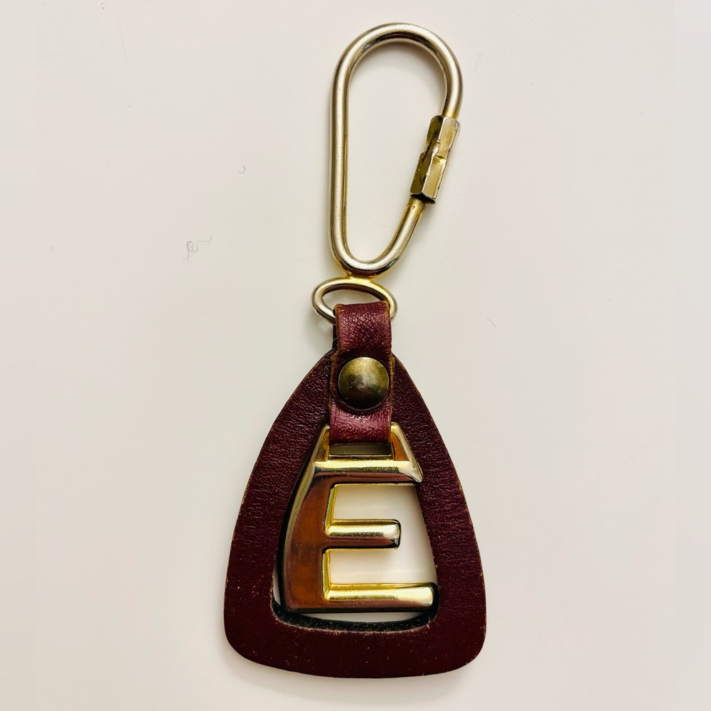 Leather Brass Keychain Letter E Initial Vintage Style Key Holder
